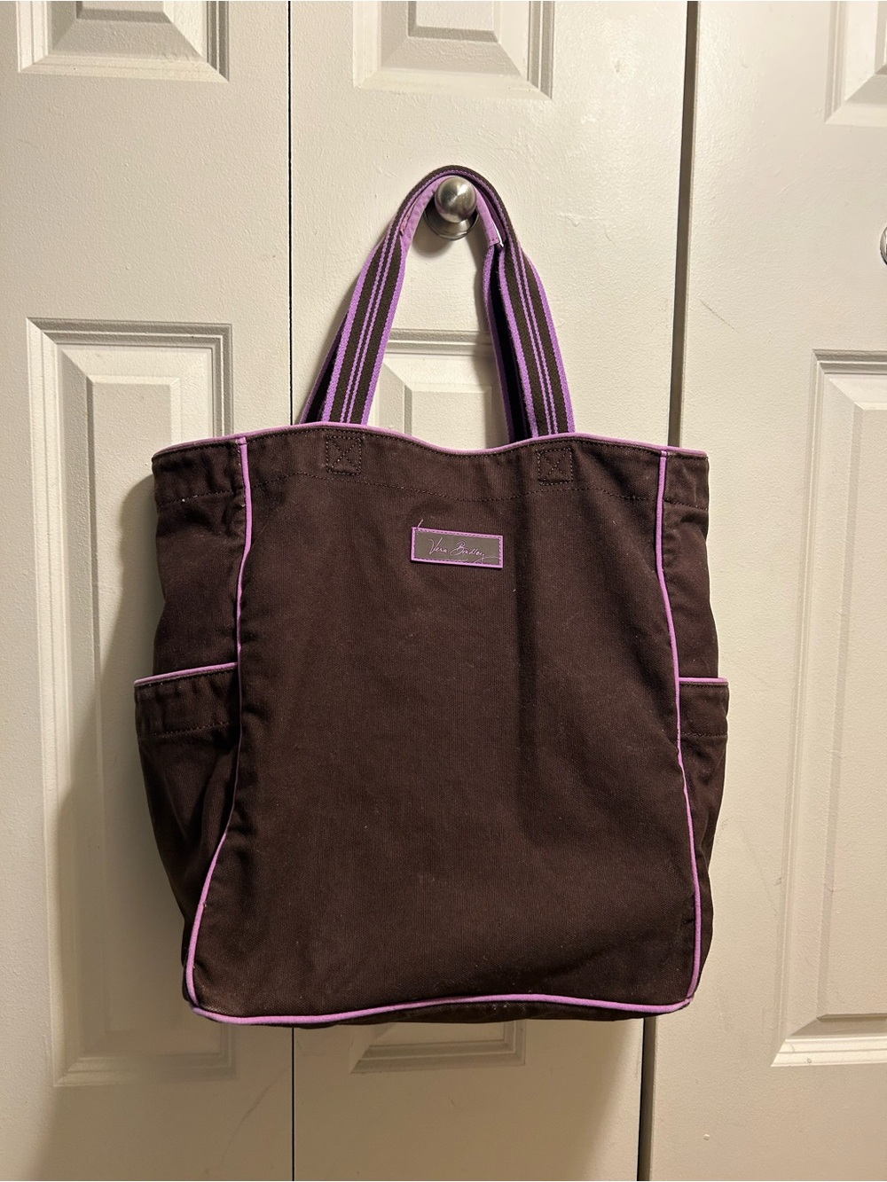 Vera Bradley Boxy Tote Canvas Travel Shoulder Bag Bark Brown Purple Trim 17”x15
